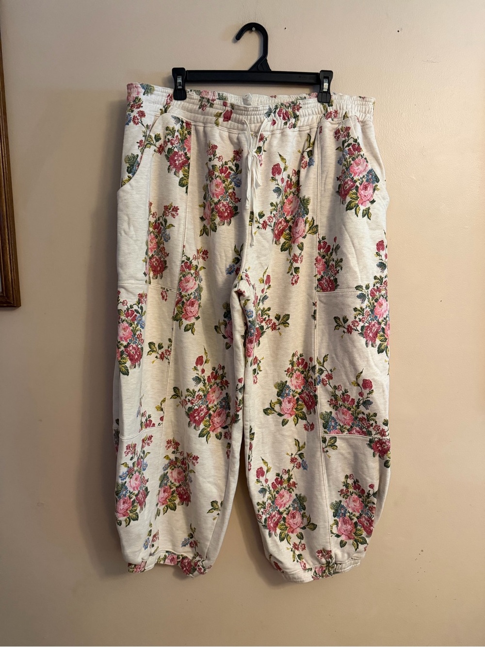 Women's Cream Floral Jogger Pants with Pink Rose Print